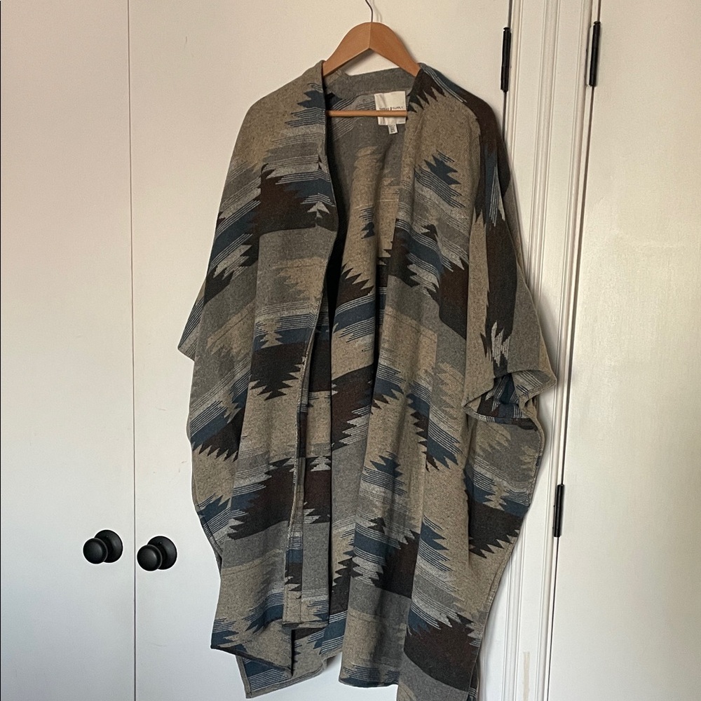 Native print oversized cape coat - grey, blue and brown